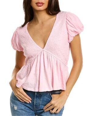 Free People NWT Smocked V-Neck Puff Sleeve Top - in Sugar Spoonful Pink